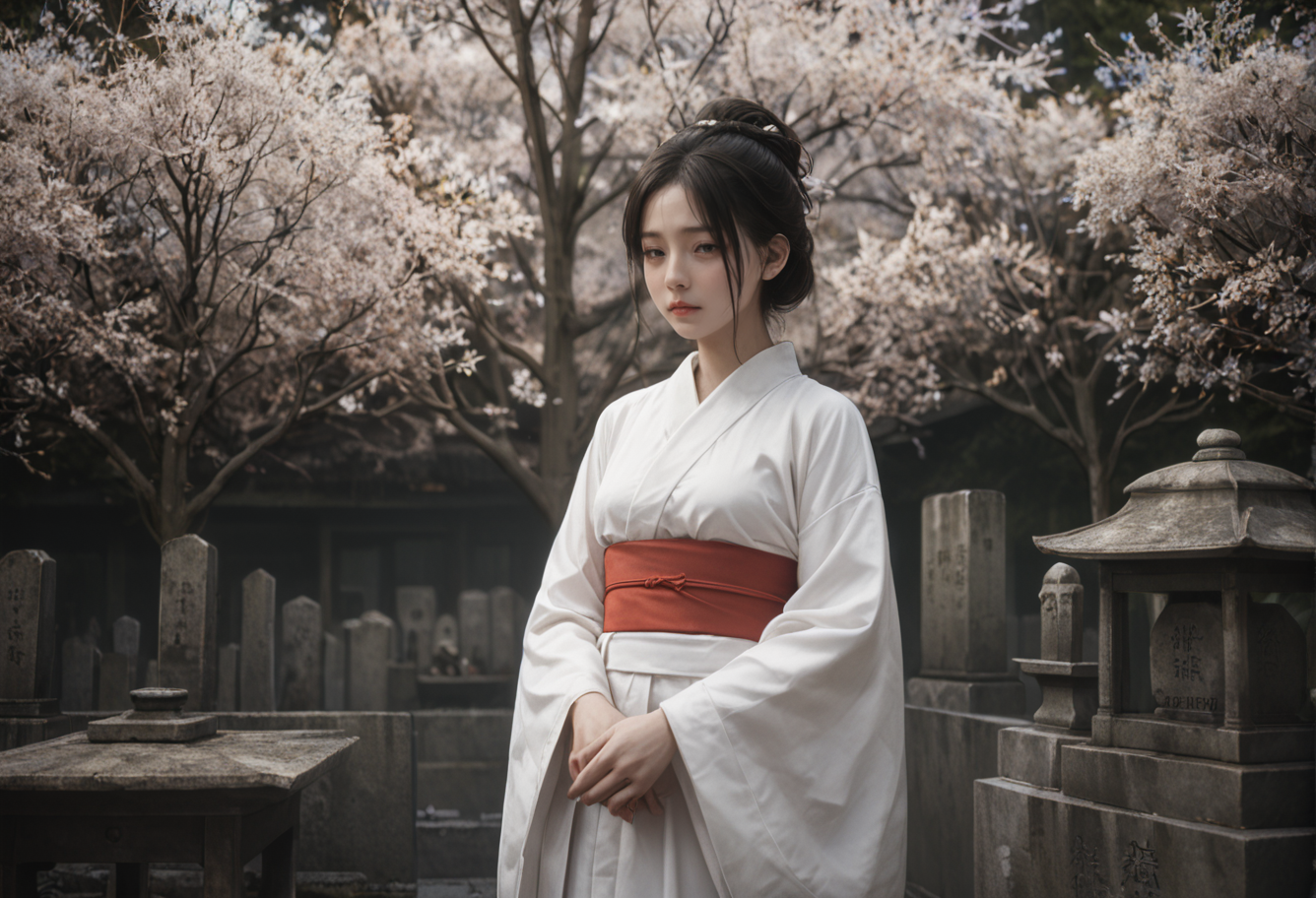 ,ruanyi1440,stone lantern,
1girl,white kimono,white obi,black background,horror \(theme\),<lora:1440 tombstone_v1_pony:1>, score_9,score_8_up,score_7_up,,8k,solo,,