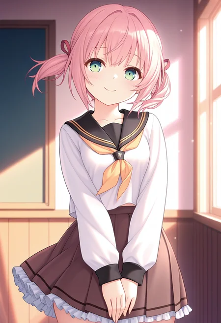 1girl,solo,cowboy_shot,masterpiece,best quality,newest,absurdres,chris,<lora:illustrious_XL_chris:0.9>,smile,school uniform,serafuku,black sailor collar,long sleeves,white shirt,yellow neckerchief,brown skirt,frilled skirt,pleated skir,v_arms,indoors,