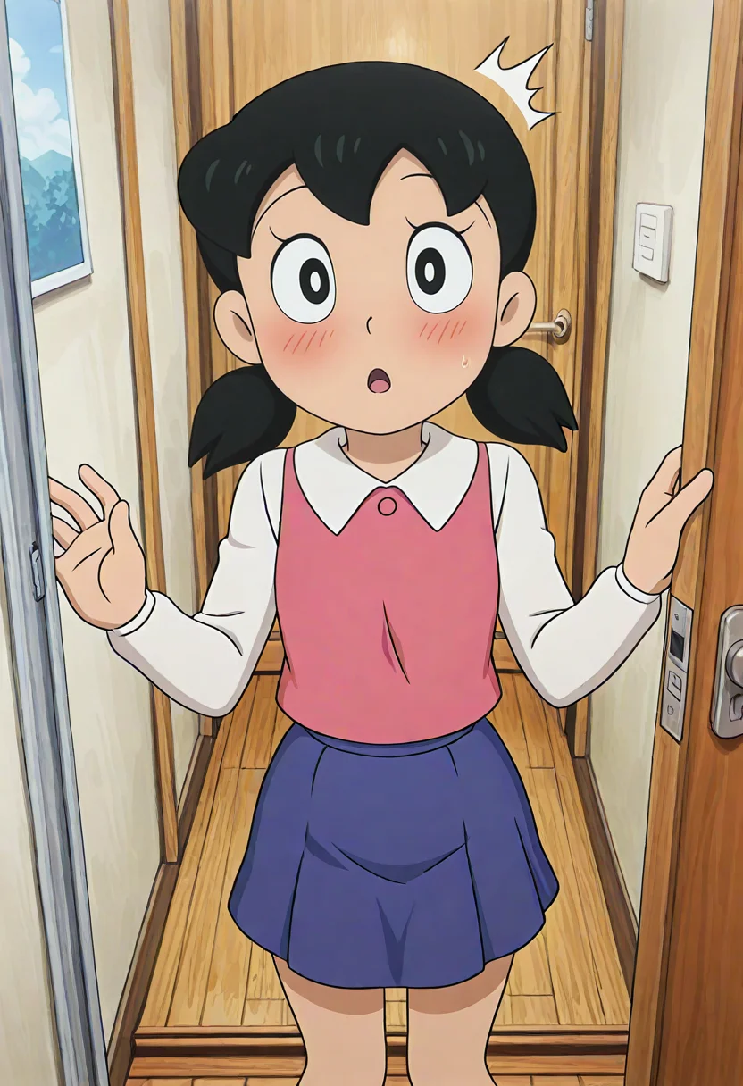 masterpiece, best quality, absurdres, highres, detailed background, <lora:hyperSD8:1>,
<lora:shiZUKA_CULTY:1> 1girl, minamoto shizuka, surprised, pov doorway,
