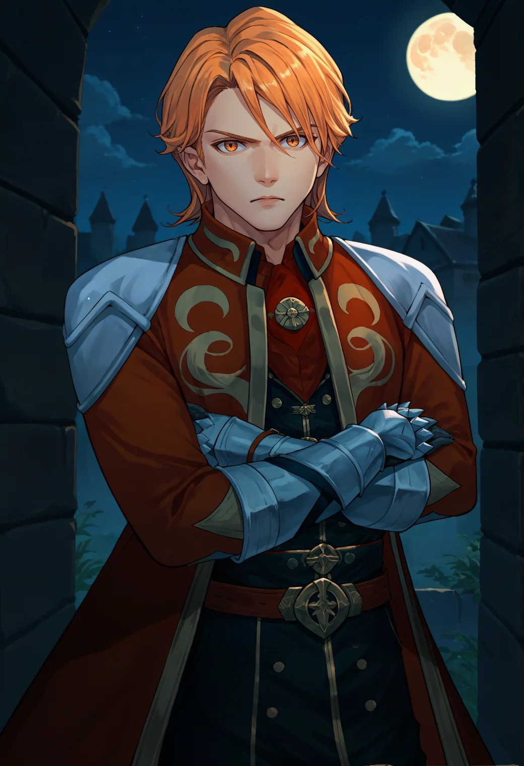 score_9, score_8_up, score_7_up, source_anime, 1boy, looking at viewer, crossed arms, serious, <lora:FerdinandFE-pdxl:1> hopesFerdie, medium hair, hair between eyes, red coat, long sleeves, shoulder armor, gauntlets, red belt, black pants, night, full moon