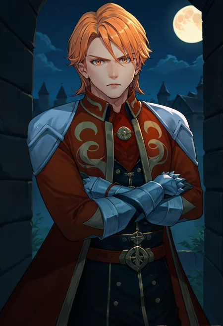 score_9, score_8_up, score_7_up, source_anime, 1boy, looking at viewer, crossed arms, serious, <lora:FerdinandFE-pdxl:1> hopesFerdie, medium hair, hair between eyes, red coat, long sleeves, shoulder armor, gauntlets, red belt, black pants, night, full moon