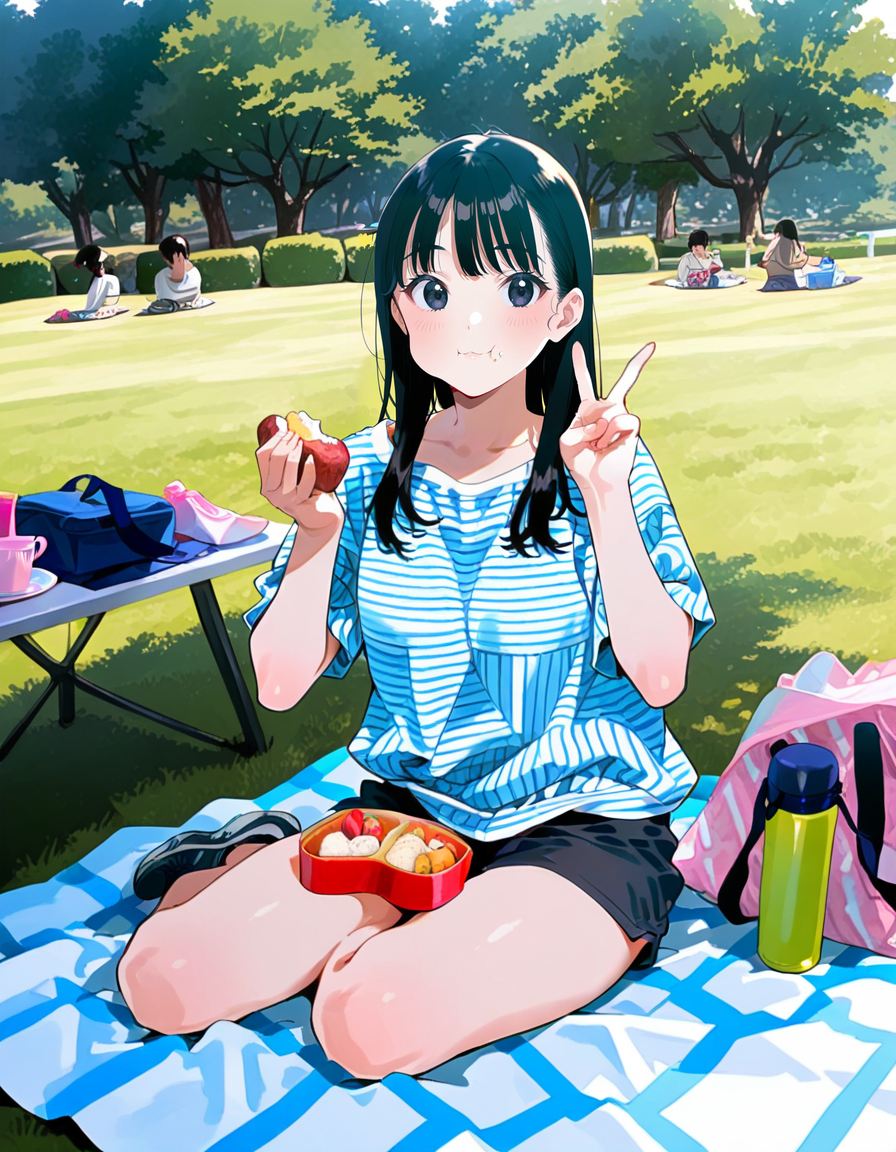 score_9, score_8_up, score_7_up, anime, solo, 1girl, one girl, 
Black hair, (chest length hair:1.2), Straight Hair, bangs, one tucked behind ear, black eyes, feature large highlight, feature double highlights, shaped eyeblow,
sensitive,
<lora:ensoku:1>, ensoku, 
multiple girls, picnic, v, food, shirt, eating, outdoors, sitting, t-shirt, shorts, bag, plate, cup, striped, tree, striped shirt, thermos, shoes, day, lunch time, bento, table, picnic blanket,
(kasukabe akira:0.5), (masterpiece:1.3), best quality, high resolution, unity 8k wallpaper, (illustration:1.2), 8K,