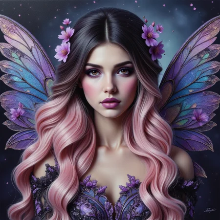 oil painting portrait in the style of Keith Garvey, a boujee fairy, with large iridescent wings, with long, wavy pink and black hair cascading down her shoulders. gorgeous eyes, with dark, dramatic purple eyeshadow and long, thick lashes. Her lips are painted a deep purple, She wears a periwinkle spring dress with intricate patterns and a dark veil adorned with delicate purple and pink flowers. blossoms fall gently in the background, creating a mystical and ethereal atmosphere. starry bg <lora:Detailer2K:0.40> <lora:Dever_Flux_Enhancer:0.50> <lora:Midjourney_-_SemiReal_Dreams_FLUX_LoRA:0.45> <lora:rendered_face_test:0.45> <lora:TEST_1:0.50> <lora:OBååå®èåç»V2.0 semi realistic colored pencil potrait:0.55> <lora:Flux.Daddario:0.45> <lora:JessicaAlbaV1:0.45> <lora:New_Iridescent_Jelly:0.45>