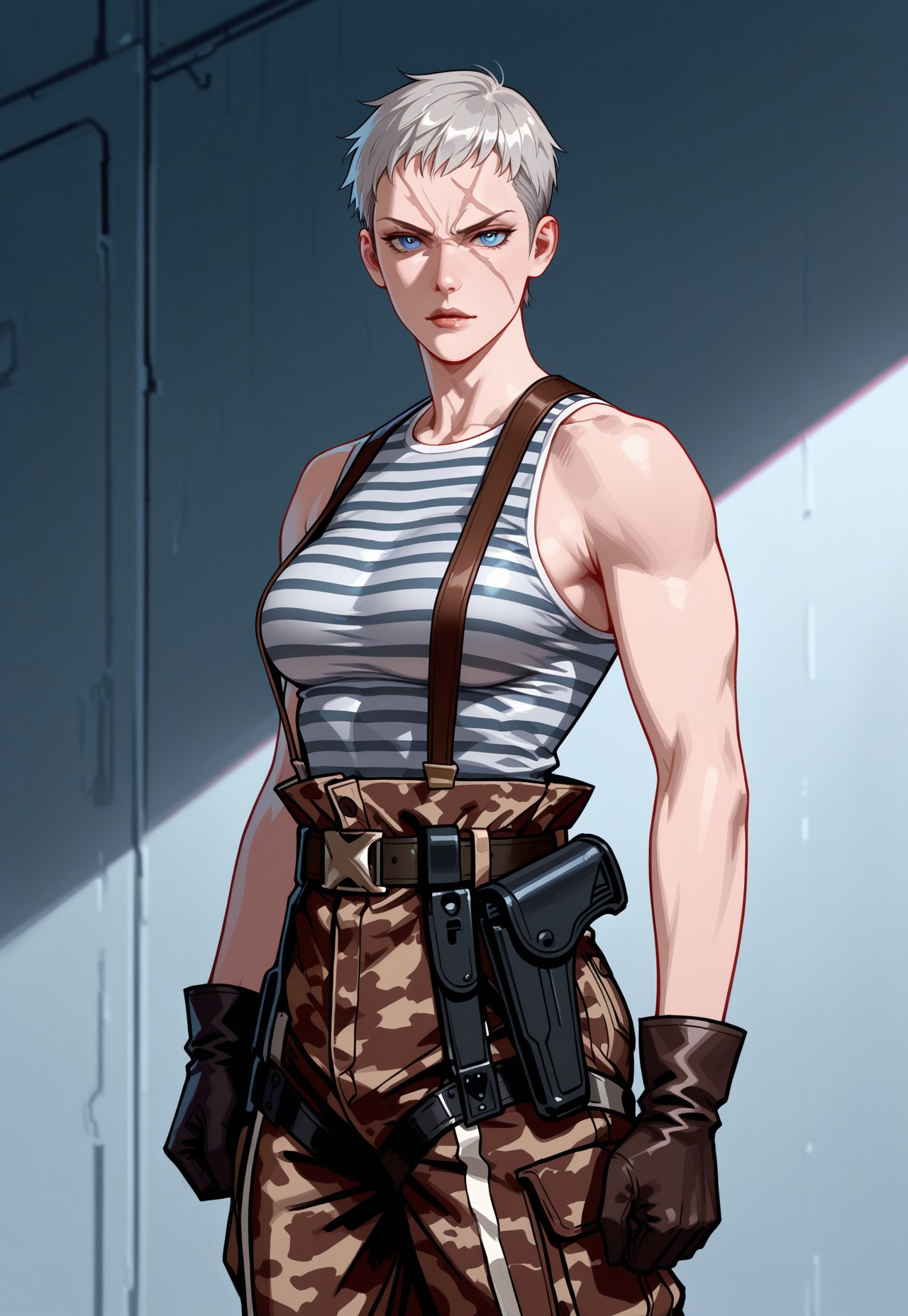 masterpiece, best quality, detailed, realistic, cowboy shot,  serious, 1girl, solo, olgamgs, very short hair, grey hair, scar across face, blue eyes, lips, breasts, striped tank top, high-waist pants, brown camouflage pants, suspenders, gloves, belt, holster,