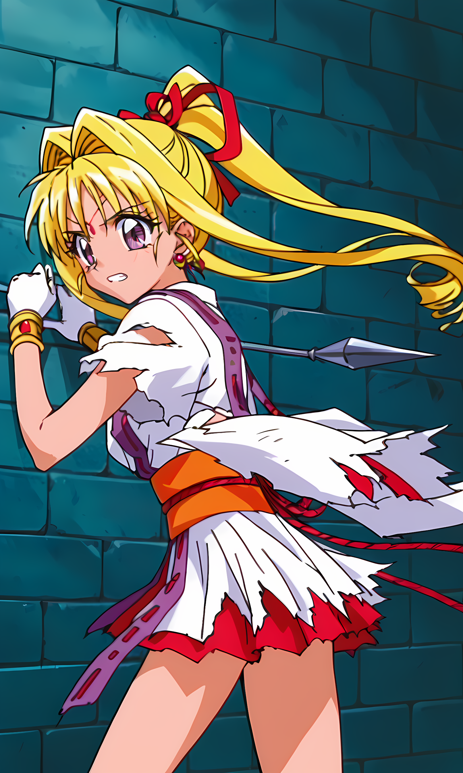 8k, best quality, solo, cute, score_9, score_8_up, score_7_up, 90s anime, Masterpiece, source_anime, from side, KKJ, (Artist A Style:1.3), forehead jewelry, purple eyes, blonde hair, hair intakes with drill long sidelocks, very long hair, one high drill ponytail at the back, red hair ribbon, earrings, torn white kimono, torn white layered kimono miniskirt with red under layer, 2 torn purple straps on torn layered kimono miniskirt, 2 torn purple straps, pink gem on chest, torn white wide sleeve on the right arm, torn white short sleeve on the left arm, left sleeve completely torn, gold bracelet, white gloves, orange obi, red obijime cord, bow-shaped knot on waist with tassels, bare legs, serious, clench teeth, dynamic pose,  buttocks, cowboy shot, brick wall, spears,  