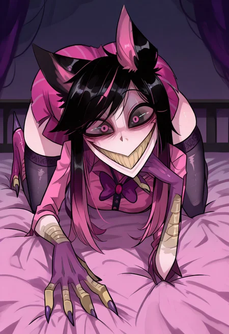 Alastoria, pink hair, pink eyes, pink peacoat, bowtie, short skirt, black thigh highs, animal ears, pink skirt, pink high heels, purple gloves, 748cmstyle, easynegative, smile, looking at viewer, smiling, seductive, teasing, flirting, grin, crawling on bed, momocreepypasta, long hair, black hair, black eyes, wide eyed, wide smile, scuted arms, scuted legs, scutes, bird claws, talons