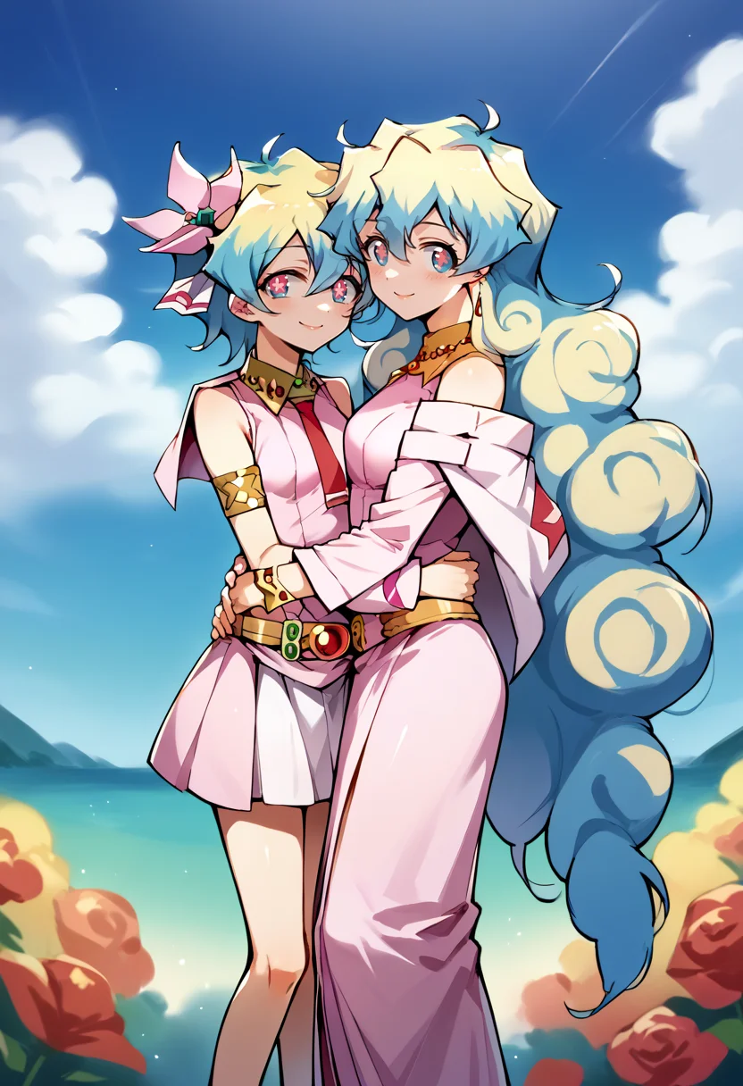 score_9, score_7_up, source_anime, smile, hug, 2girls, height difference, blue sky, looking at viewer,
BREAK <lora:NiaS1:1> nias1, 1girl, blue eyes, symbol-shaped pupils, short hair, blonde hair, blue hair, two-tone hair, small breasts,
skirt, hair ornament, Pink dress, jewelry, hair flower, sleeveless dress, red necktie, bracelet, armlet, belt,
BREAK <lora:NiaS2-000009:1> nias2, 1girl, blue eyes,symbol-shaped pupils, very long hair, blonde hair, blue hair, two-tone hair, medium breasts, earrings, jewelry, pink dress, bare shoulders, long sleeves,