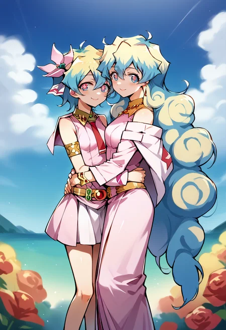 score_9, score_7_up, source_anime, smile, hug, 2girls, height difference, blue sky, looking at viewer,
BREAK <lora:NiaS1:1> nias1, 1girl, blue eyes, symbol-shaped pupils, short hair, blonde hair, blue hair, two-tone hair, small breasts,
skirt, hair ornament, Pink dress, jewelry, hair flower, sleeveless dress, red necktie, bracelet, armlet, belt,
BREAK <lora:NiaS2-000009:1> nias2, 1girl, blue eyes,symbol-shaped pupils, very long hair, blonde hair, blue hair, two-tone hair, medium breasts, earrings, jewelry, pink dress, bare shoulders, long sleeves,