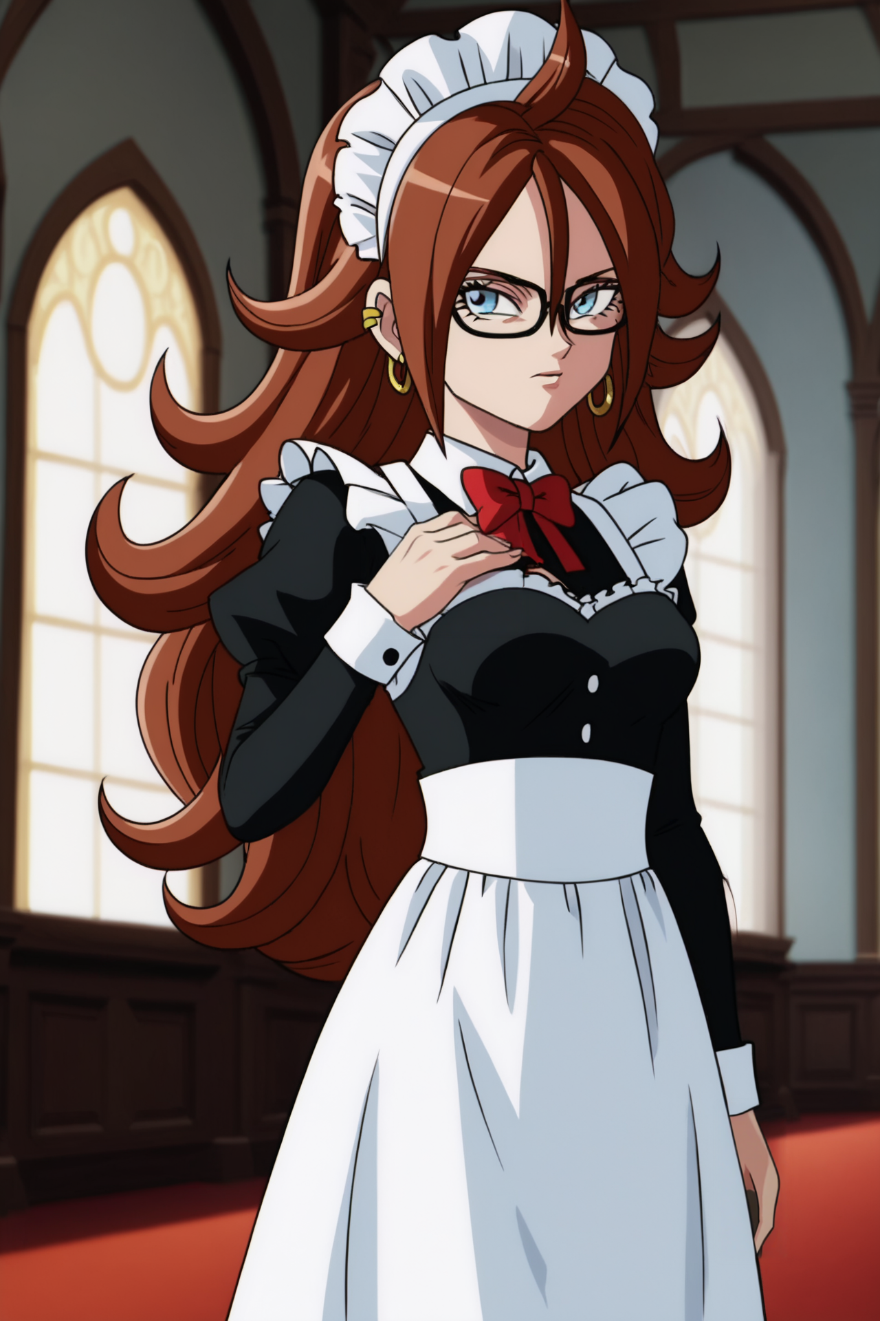 source_anime, score_9, score_8_up, score_7_up, anime screencap,
1girl, android 21, human, long hair, blue eyes, brown hair, hair between eyes, earclip, hoop earrings,
maid headdress, maid, 
indoors, mansion, 
 <lora:c21_pony_v1:0.8>