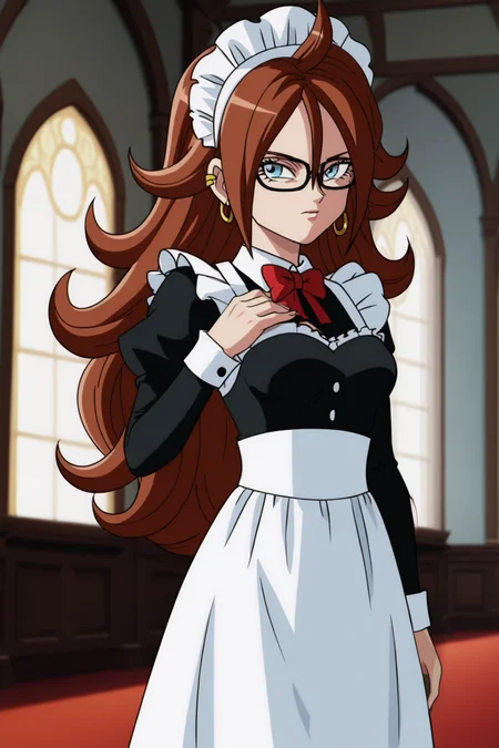 source_anime, score_9, score_8_up, score_7_up, anime screencap,
1girl, android 21, human, long hair, blue eyes, brown hair, hair between eyes, earclip, hoop earrings,
maid headdress, maid,
indoors, mansion,
<lora:c21_pony_v1:0.8>