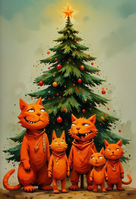 A Family of anthropomorph Weird Orange Candy Cats celebrating happyly in Front of a Christmastree.