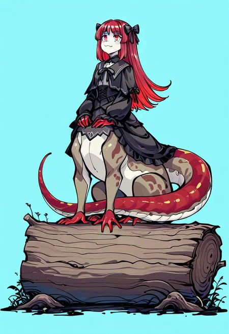 1girl, :3, amphibian eyes, blue background, bow, centauroid, colored skin, hair bow, hair ornament, hair ribbon, log, long hair, looking up, sitting on log, monster girl, multicolored hair, multicolored skin, red eyes, red hair, ribbon, salamander, tail, taur, webbed feet , webbed hands general, safe, (masterpiece:1.2),(best quality:1.2), monochrome, sketch, (flat color:0.5), (Semi realistic:0.3), (minimalistic:0.6), ink scenery, muted color, ink art , newest, ai-generated,anime screencap, intricate details, Goth girl, Goth girl 1girl,tokiame, , ,flatstyle, flat color, outlines,, afkArenaStyle