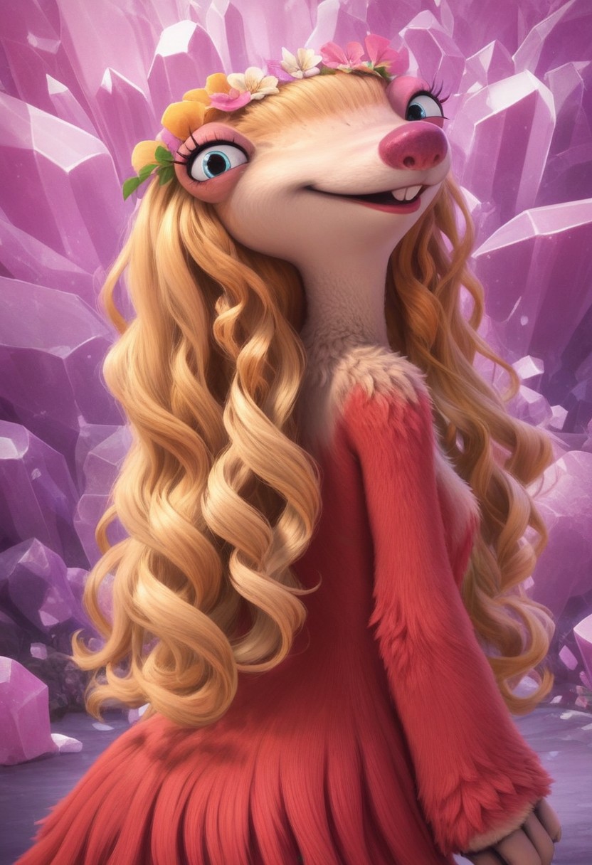 furry, anthro, female sloth, ground sloth, blue eyes, blonde hair, long wavy hair, red fur, red fur dress, blonde fur on upper body, two-toned fur, pink nose, buckteeth, hair ornament, white claws, no ear, score_9, score_8_up, score_7_up, BREAK, 1girl, solo, looking at viewer, cute, smiling, smug, from behind, looking back, female focus, looking at viewer, pink crystal background, detailed background, 4k, masterpiece, best quality, highly detailed, realistic, cowboy shot