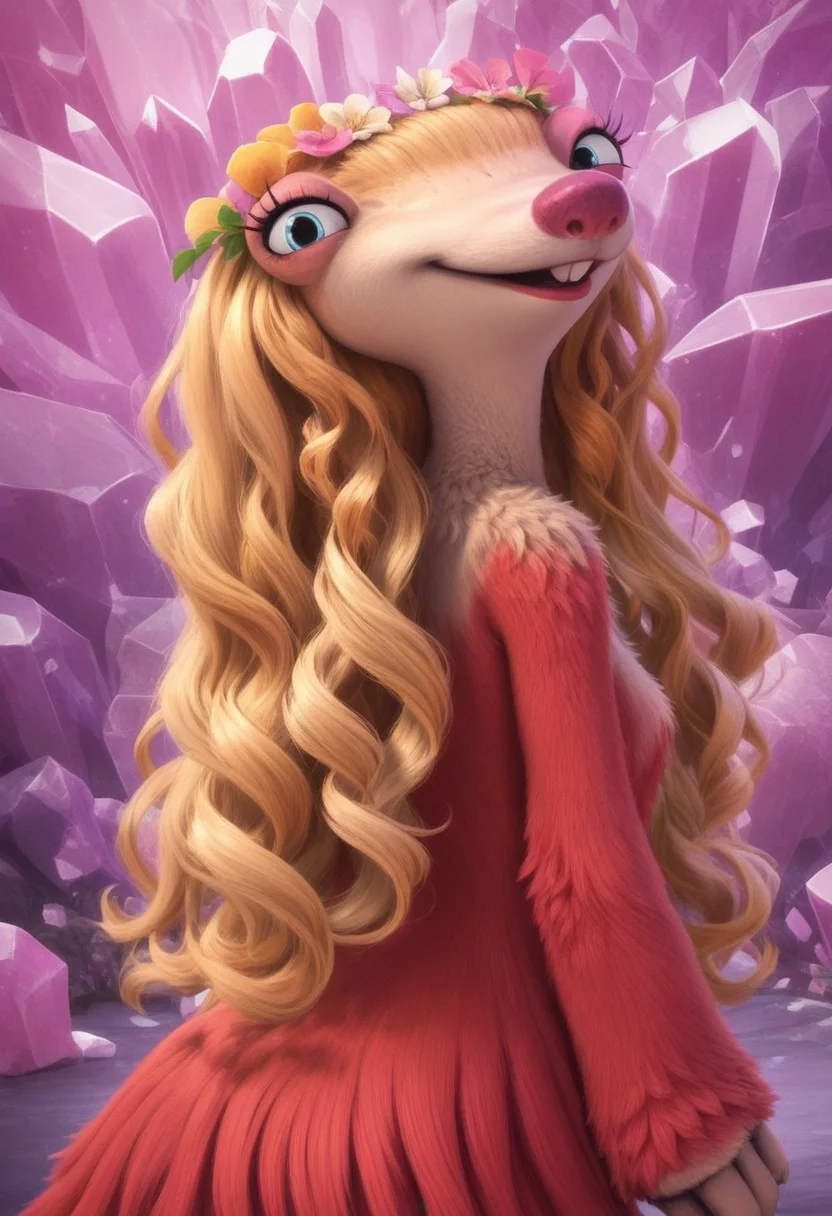 furry, anthro, female sloth, ground sloth, blue eyes, blonde hair, long wavy hair, red fur, red fur dress, blonde fur on upper body, two-toned fur, pink nose, buckteeth, hair ornament, white claws, no ear, score_9, score_8_up, score_7_up, BREAK, 1girl, solo, looking at viewer, cute, smiling, smug, from behind, looking back, female focus, looking at viewer, pink crystal background, detailed background, 4k, masterpiece, best quality, highly detailed, realistic, cowboy shot