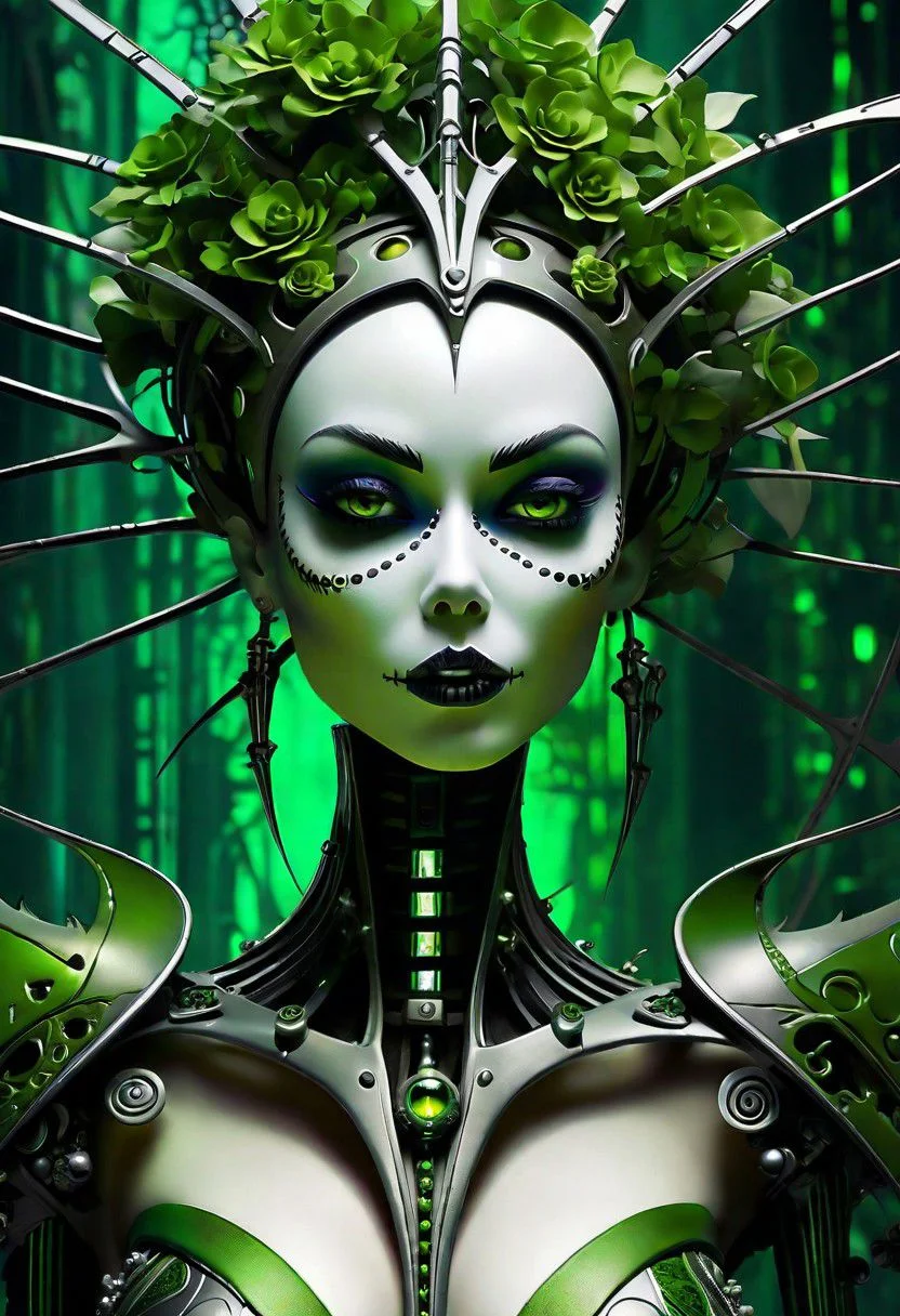 creepy Cyberpunk artwork inspired by Jack Skellington from The Nightmare Before Christmas, set in a futuristic fashion cyberpunk universe. Sexy, Emphasize her seductive allure, beautiful face, perfect eyes, perfect nose shape, perfect lips, perfect hands, vibrant green foliage, neon-lit cityscape, and intricate cybernetic enhancements. Capture the essence of danger and allure in this cyberpunk masterpiece., cyberpunk style