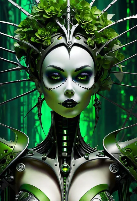 creepy Cyberpunk artwork inspired by Jack Skellington from The Nightmare Before Christmas, set in a futuristic fashion cyberpunk universe. Sexy, Emphasize her seductive allure, beautiful face, perfect eyes, perfect nose shape, perfect lips, perfect hands, vibrant green foliage, neon-lit cityscape, and intricate cybernetic enhancements. Capture the essence of danger and allure in this cyberpunk masterpiece., cyberpunk style