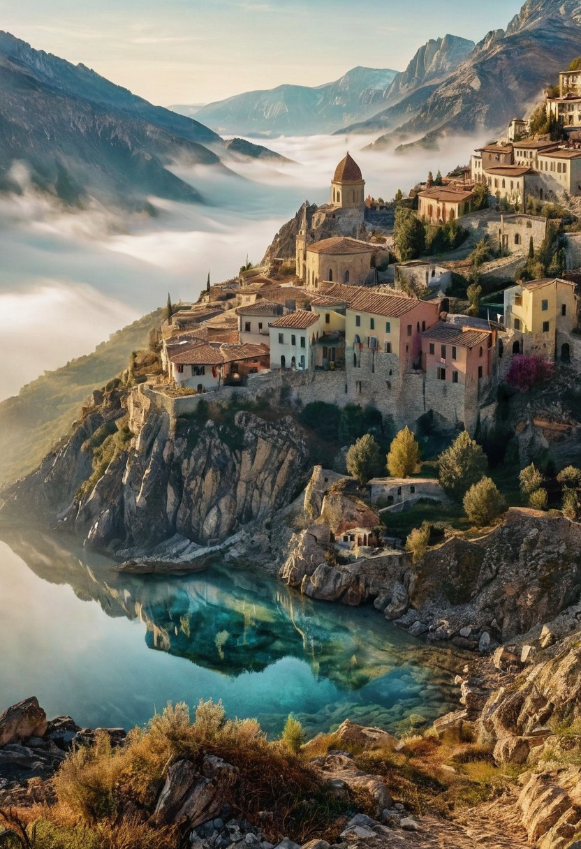 their peaks veiled in mist. mixed media, surrealism, great lighting, A surreal landscape highly detailed . extremely high-resolution details,  appears trapped in an optical illusion of reflections and refractions colorful , mountains and village in Ancient Greece , professional photography, natural lighting, volumetric lighting maximalist. intricately detailed, complex, elegant, expansive, fantastical, film photography style,  medium grain