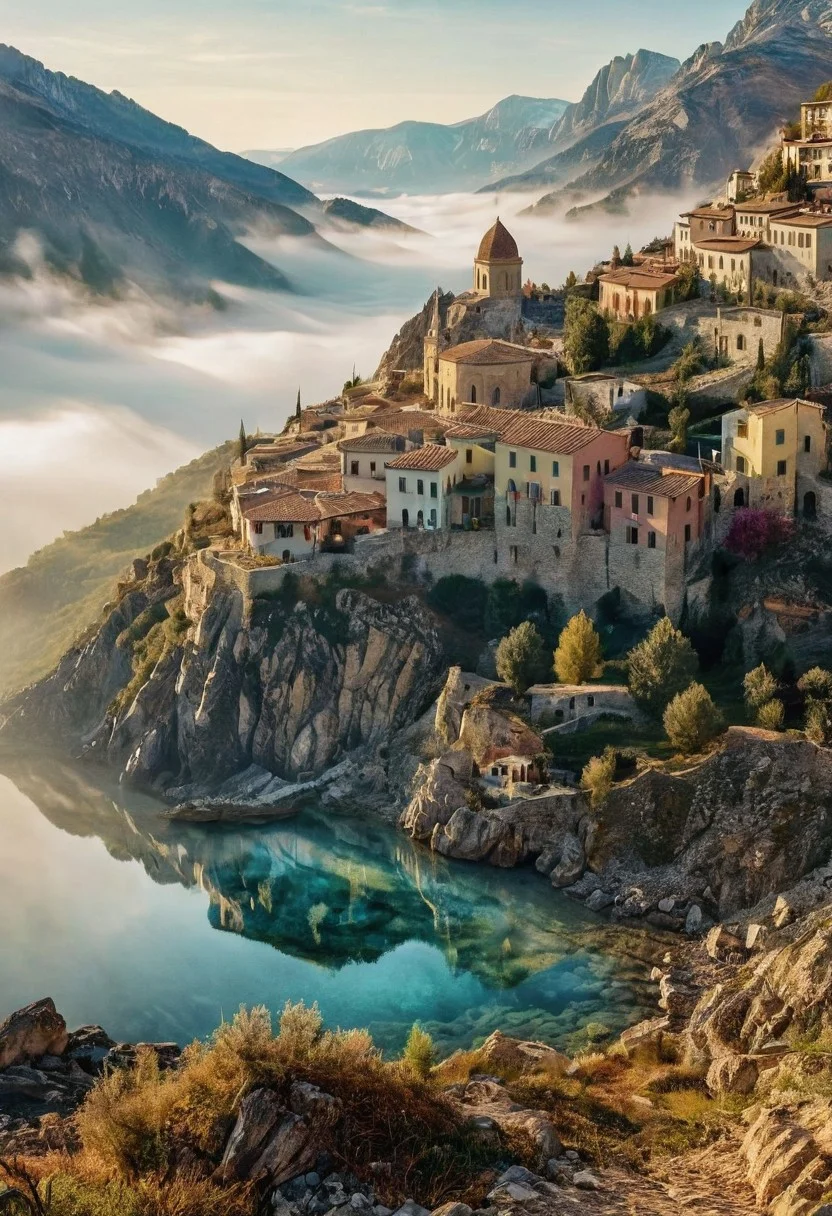 their peaks veiled in mist. mixed media, surrealism, great lighting, A surreal landscape highly detailed . extremely high-resolution details,  appears trapped in an optical illusion of reflections and refractions colorful , mountains and village in Ancient Greece , professional photography, natural lighting, volumetric lighting maximalist. intricately detailed, complex, elegant, expansive, fantastical, film photography style,  medium grain