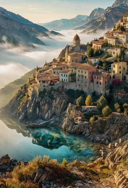 their peaks veiled in mist. mixed media, surrealism, great lighting, A surreal landscape highly detailed . extremely high-resolution details, appears trapped in an optical illusion of reflections and refractions colorful , mountains and village in Ancient Greece , professional photography, natural lighting, volumetric lighting maximalist. intricately detailed, complex, elegant, expansive, fantastical, film photography style, medium grain