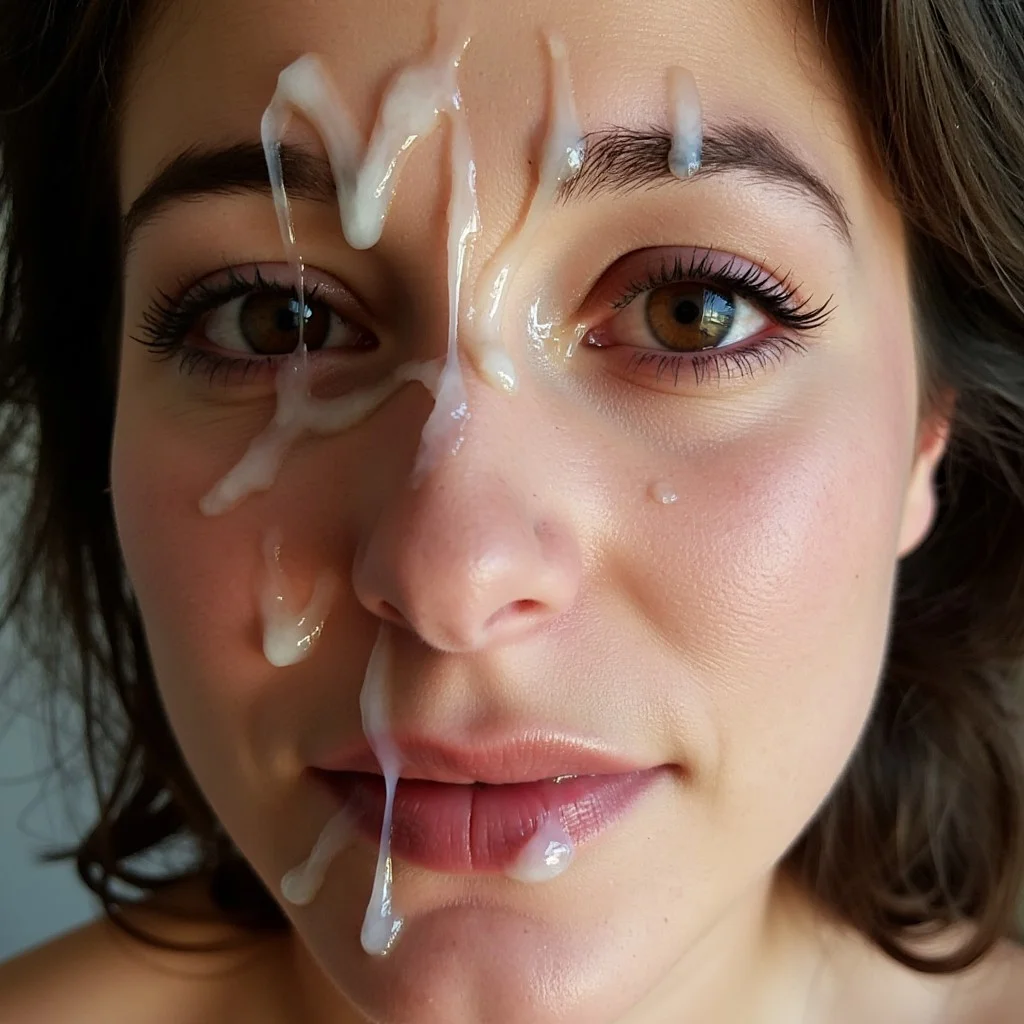 A close-up of a young woman's face, splattered with stringy, whitish, translucent cum.