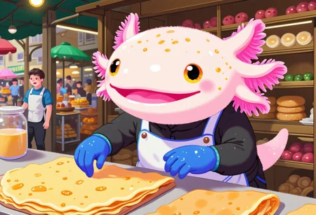 pikaole of, axolotl crepe maker, in a street market, making crepes to order, wearing a casual apron, bustling market environment, the axolotls have pink frilly gills and round black eyes