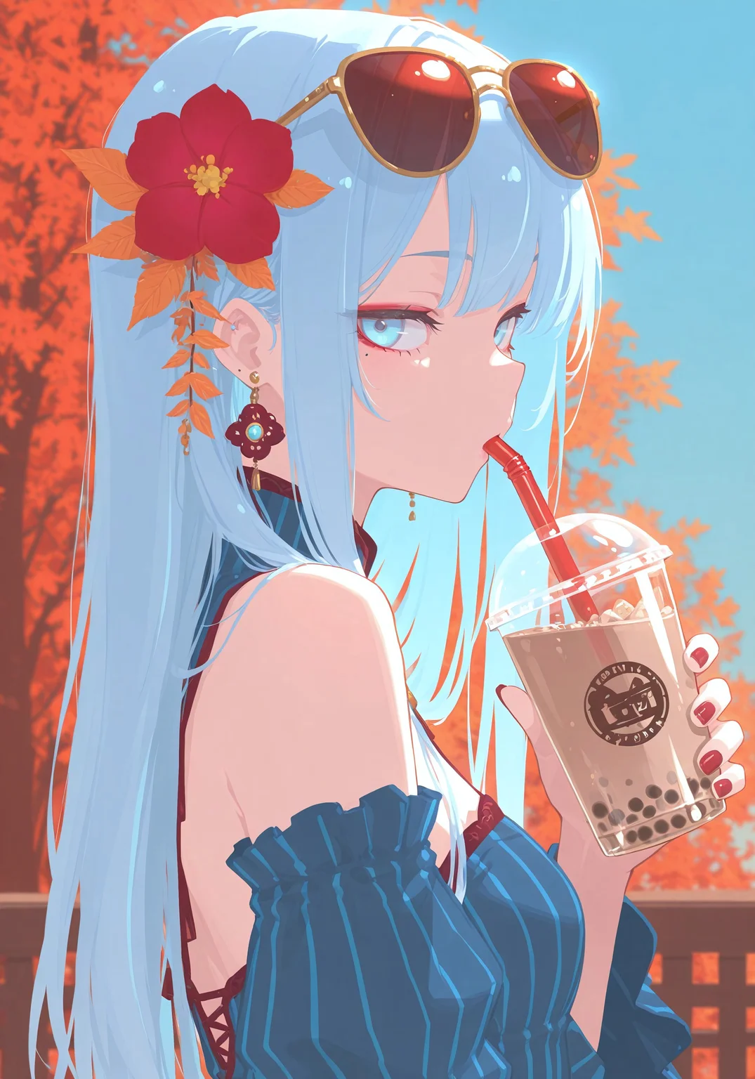 masterpiece,best quality,amazing quality, 1girl, solo, long hair, ginger hair, looking at viewer, light blue eyes, hair ornament, dress, holding, jewelry, blue hair, upper body, flower, earrings, food, detached sleeves, hair flower, striped clothes, nail polish, mole, from side, blue sky, cup, looking to the side, mole under eye, makeup, blue dress, fruit, autumn background, sunglasses, holding cup, eyewear on head, maroon nails, red flower, vertical-striped clothes, drinking straw, autumn theme, drink, striped dress, vertical-striped dress, holding drink, bubble tea, drinking straw in mouth, h4ra_illu <lora:ponyv6_noobE11_2_adamW-000017:0.3> <lora:XXX667:0.5> <lora:hara_id_21:0.8>