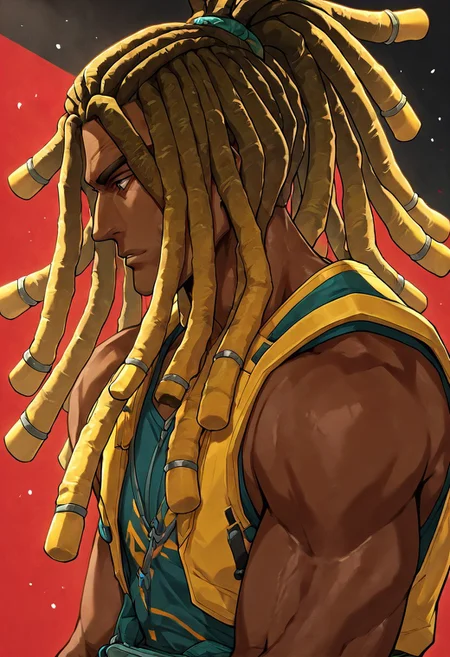 masterpiece, best quality, newest, absurdres, highres, FCMXV1.0, 1boy, DLPT-V1.0, dreadlocks, ponytail, tied hair, solo, male focus, dark-skinned male,
