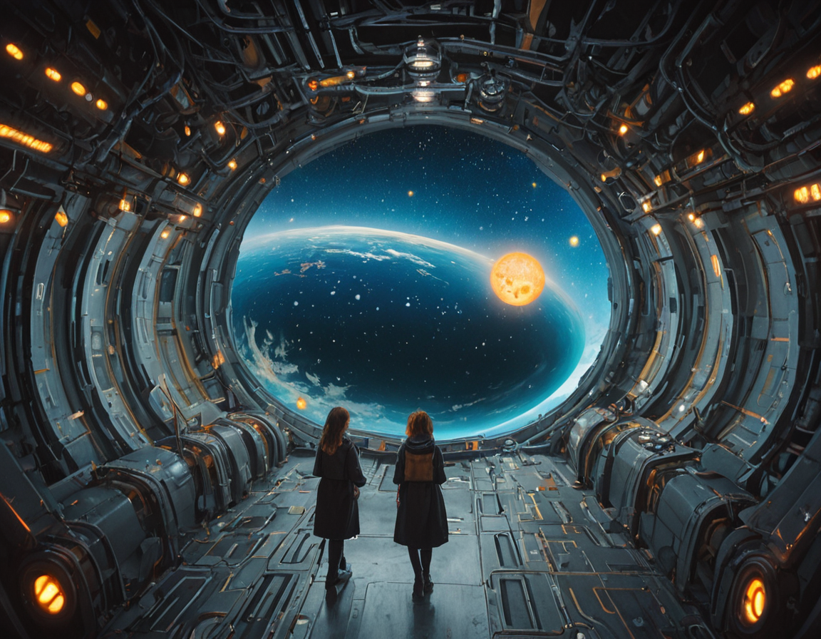 (film grain, realistic:1) (shipscene, star, scenery, sci fi, science fiction, on a spaceship, shipsc3n3, score_8_up), multiple girls, a group of 2+girls engineers discussing plans in a technical corridor of a space exploration vessel, where the hallway is illuminated by a series of yellow LED lights, and a window in the background shows the galaxy, a planet and stars. <lora:spacemerge1:1>