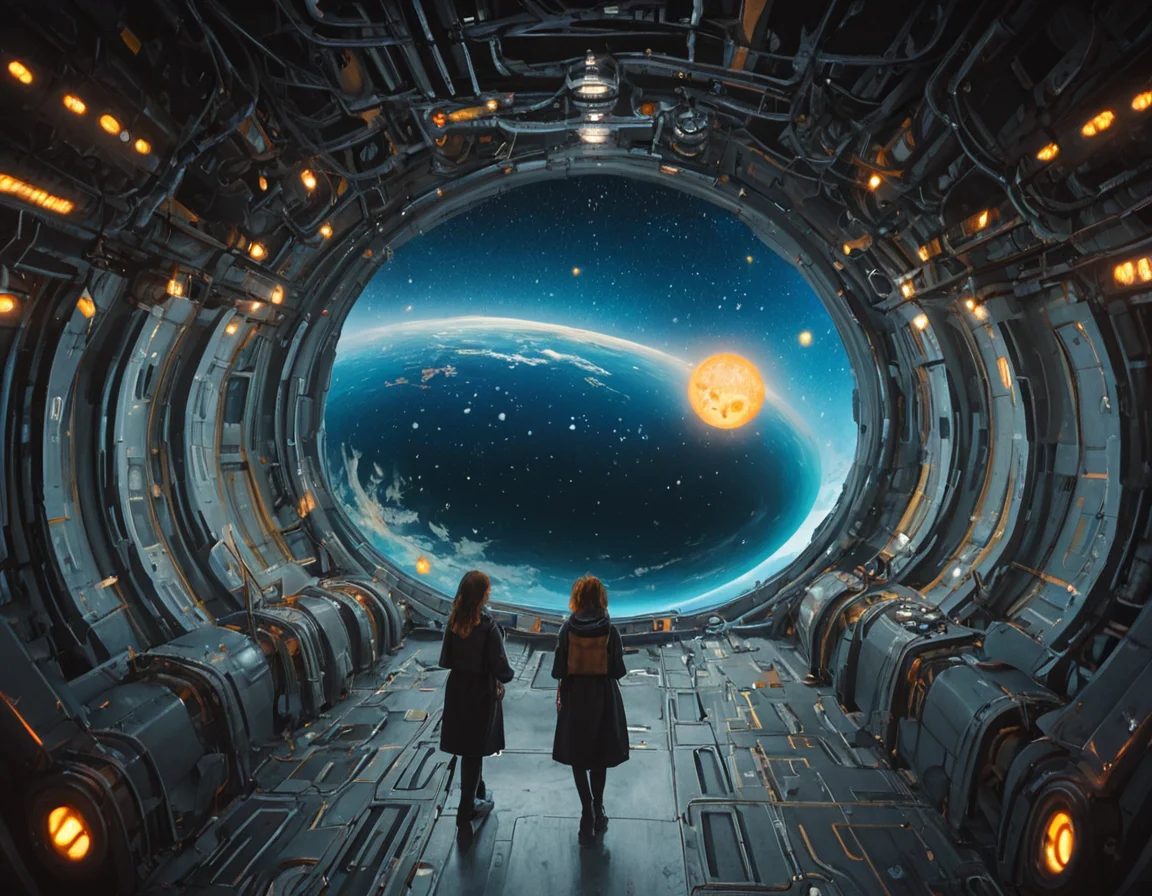 (film grain, realistic:1) (shipscene, star, scenery, sci fi, science fiction, on a spaceship, shipsc3n3, score_8_up), multiple girls, a group of 2+girls engineers discussing plans in a technical corridor of a space exploration vessel, where the hallway is illuminated by a series of yellow LED lights, and a window in the background shows the galaxy, a planet and stars. <lora:spacemerge1:1>