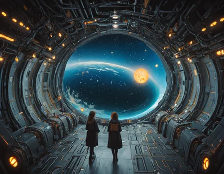 (film grain, realistic:1) (shipscene, star, scenery, sci fi, science fiction, on a spaceship, shipsc3n3, score_8_up), multiple girls, a group of 2+girls engineers discussing plans in a technical corridor of a space exploration vessel, where the hallway is illuminated by a series of yellow LED lights, and a window in the background shows the galaxy, a planet and stars. <lora:spacemerge1:1>
