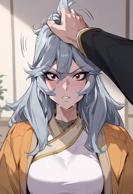 zPDXL3, score_9_up, score_8_up, score_7_up, (Anime_source), 1girl, headpat, pov hands, Mara, red eyes, grey hair, long hair, Mara M.A. outfit, parted lips, sweat drops, looking at viewer, blush, upper body