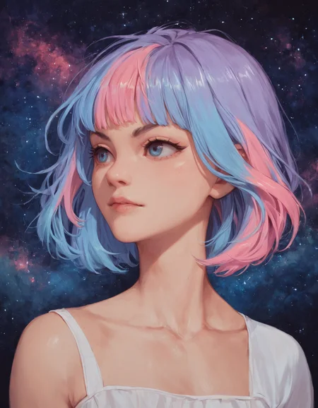 score_9, score_8_up, score_7_up, score_6_up, score_5_up, 1girl, portrait, multicolored hair, fringe, bare shoulders, upper body, cosmic, collarbone,<lora:ra1nfall:1>