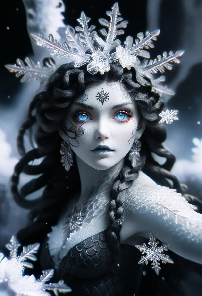 (masterpiece, best quality, stunning, highly detailed, close-up view of a medusa creature, (intricate snakes made of ice, detailed scales, detailed snowflake-like hair, icy hair), dramatic lighting, HDR, (mythical, fantasy), oil painting), legendary creature, trending on artstation, made of ice, psych3delic