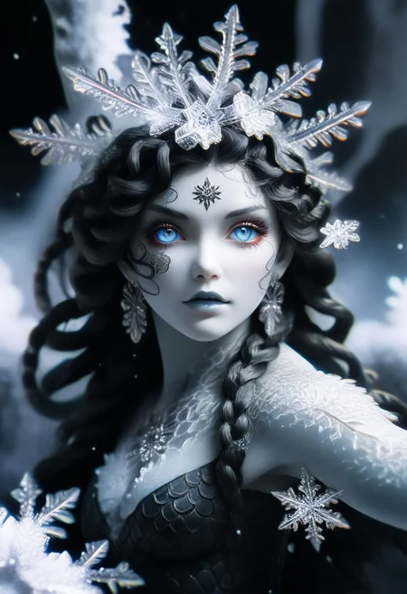 (masterpiece, best quality, stunning, highly detailed, close-up view of a medusa creature, (intricate snakes made of ice, detailed scales, detailed snowflake-like hair, icy hair), dramatic lighting, HDR, (mythical, fantasy), oil painting), legendary creature, trending on artstation, made of ice, psych3delic
