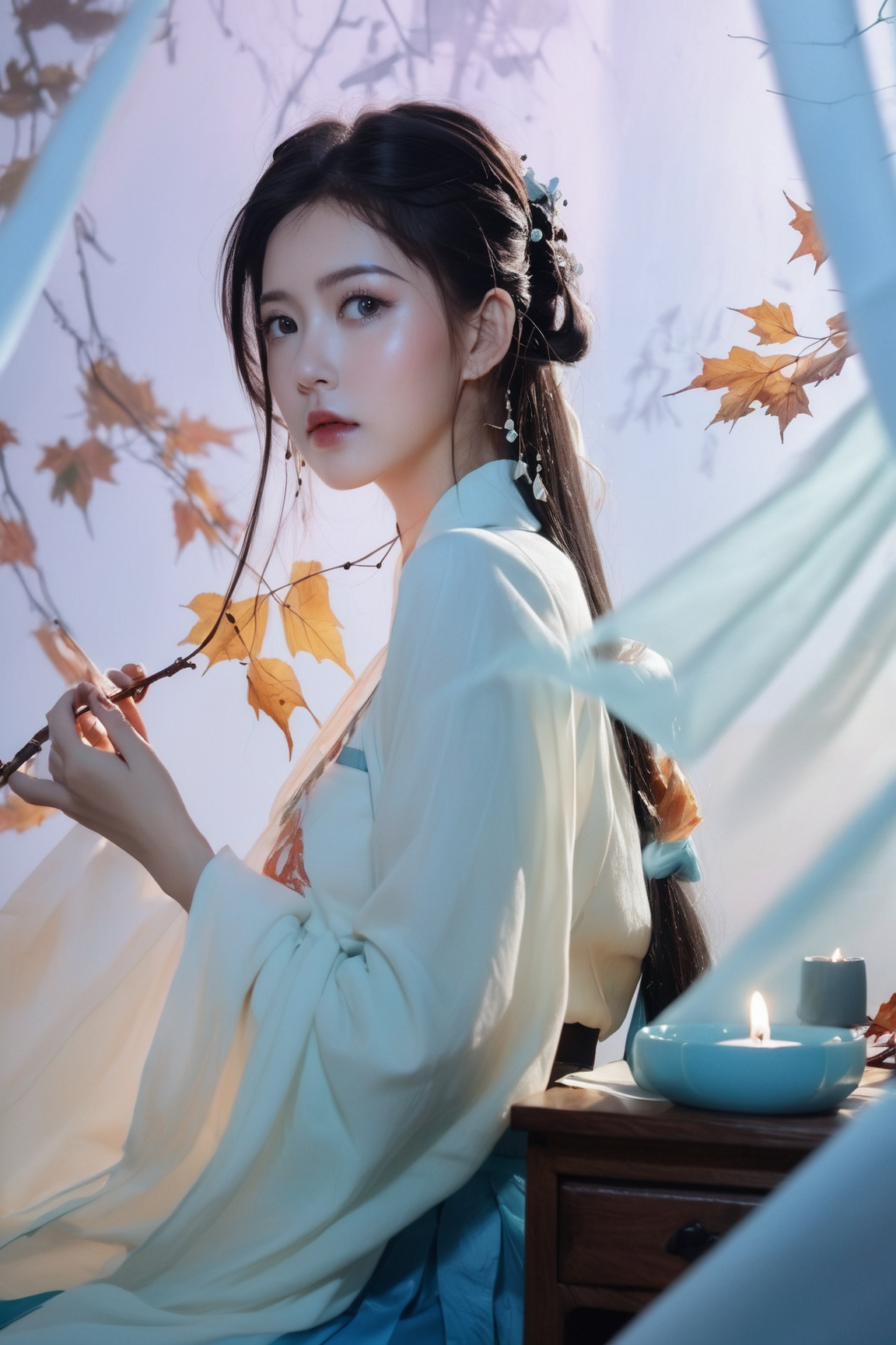 Double Exposure Style, Volumetric Lighting, ( fluorescent blue pleated skirt  , buttoned shirt ) ,((autumn day )),collarbone, cleavage, eardrop,lady ,long hair,necklace ,(medium  breast),(sexy:1.3),(lewd),Supermarket,Etiquette and Customs,Traditional Attire,Artistic Calligraphy and Ink,, light depth, dramatic atmospheric lighting, Volumetric Lighting, double image ghost effect, image combination, double exposure style
