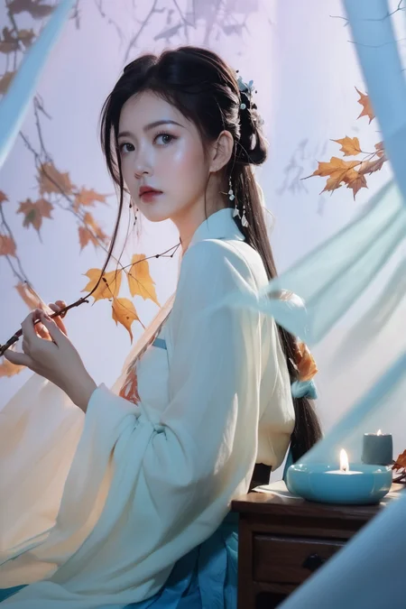 Double Exposure Style, Volumetric Lighting, ( fluorescent blue pleated skirt , buttoned shirt ) ,((autumn day )),collarbone, cleavage, eardrop,lady ,long hair,necklace ,(medium breast),(sexy:1.3),(lewd),Supermarket,Etiquette and Customs,Traditional Attire,Artistic Calligraphy and Ink,, light depth, dramatic atmospheric lighting, Volumetric Lighting, double image ghost effect, image combination, double exposure style