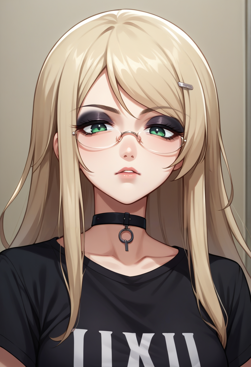 score_9, score_8_up, source_anime, 1girl, solo, KusunokiYua, long hair, glasses, hairclip, black shirt, t-shirt, black choker, goth, eyeliner, eyeshadow, <lora:ChamYuaKusunokiPonyXL:1>