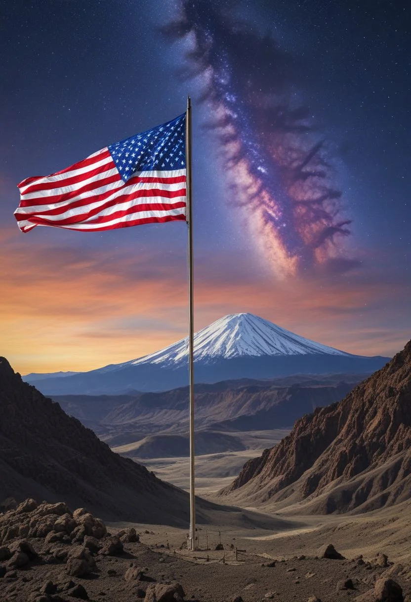 An American Flag flying at half-mast in a desolate volcanic valley, 50 stars, 50 stripes, fighter jet flyby in background (deep space, deep galactic travel background), Dark and evil glow, glow neon paint, dark, surrealism, defined sharp edges, mystical, psychedelic art