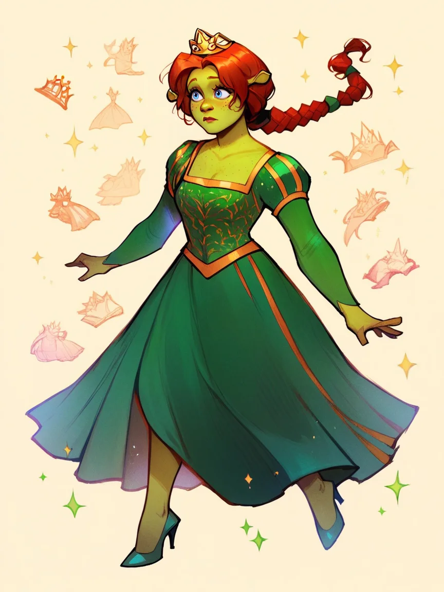 score_9, score_8_up, score_7_up, score_6_up, score_5_up, <lora:FionaXLP:1> fiona, 1girl, red hair, braid, green dress, blue eyes, crown, full body, ogre, green skin, freckles, high heels,