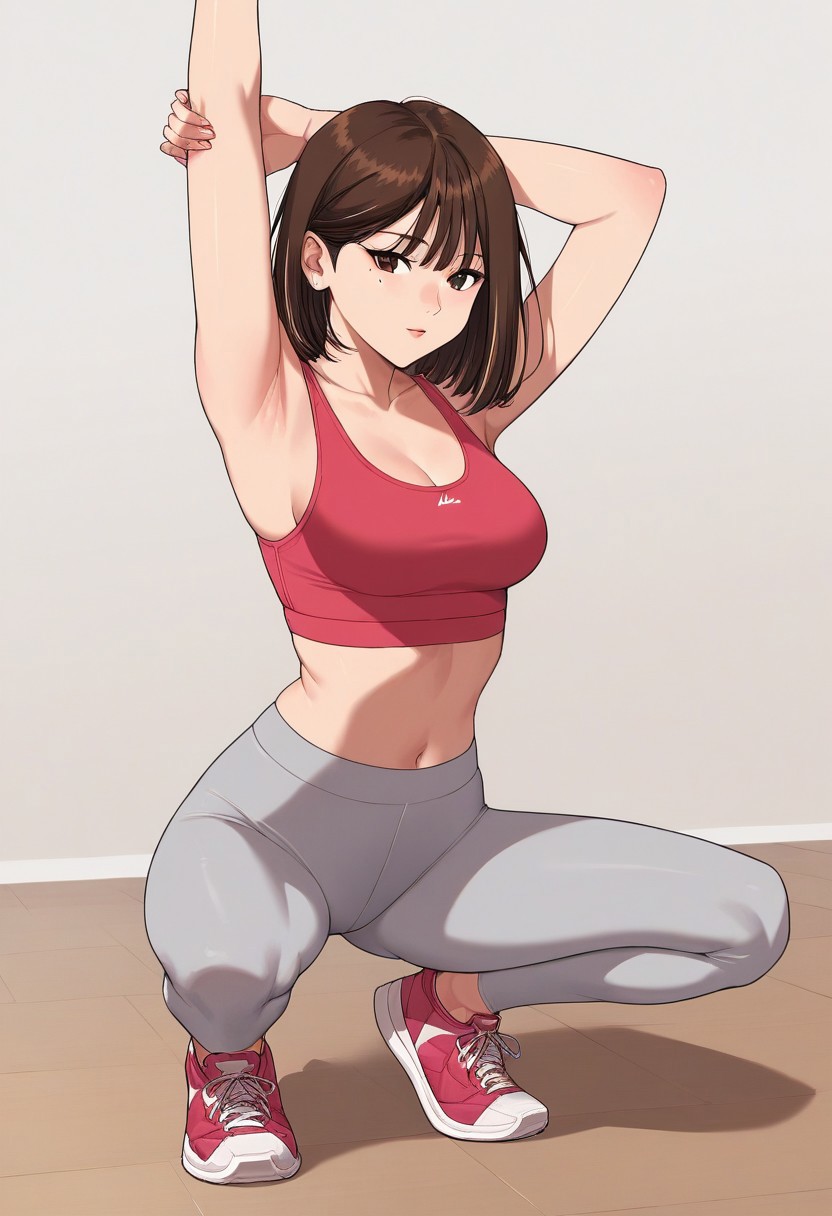 Masterpiece, Highest Quality, Score_9, Score_8_up, Score_7_up, source_anime. anime style. masterpiece, highres, absurdres. Best resolution.
1girl. Minchae Lee. brown hair. brown eyes. short hair. medium hair. bangs. medium breasts. mole under eye. solo
sports bra. midriff. pants.
leggings. yoga pants. sneakers
stretching