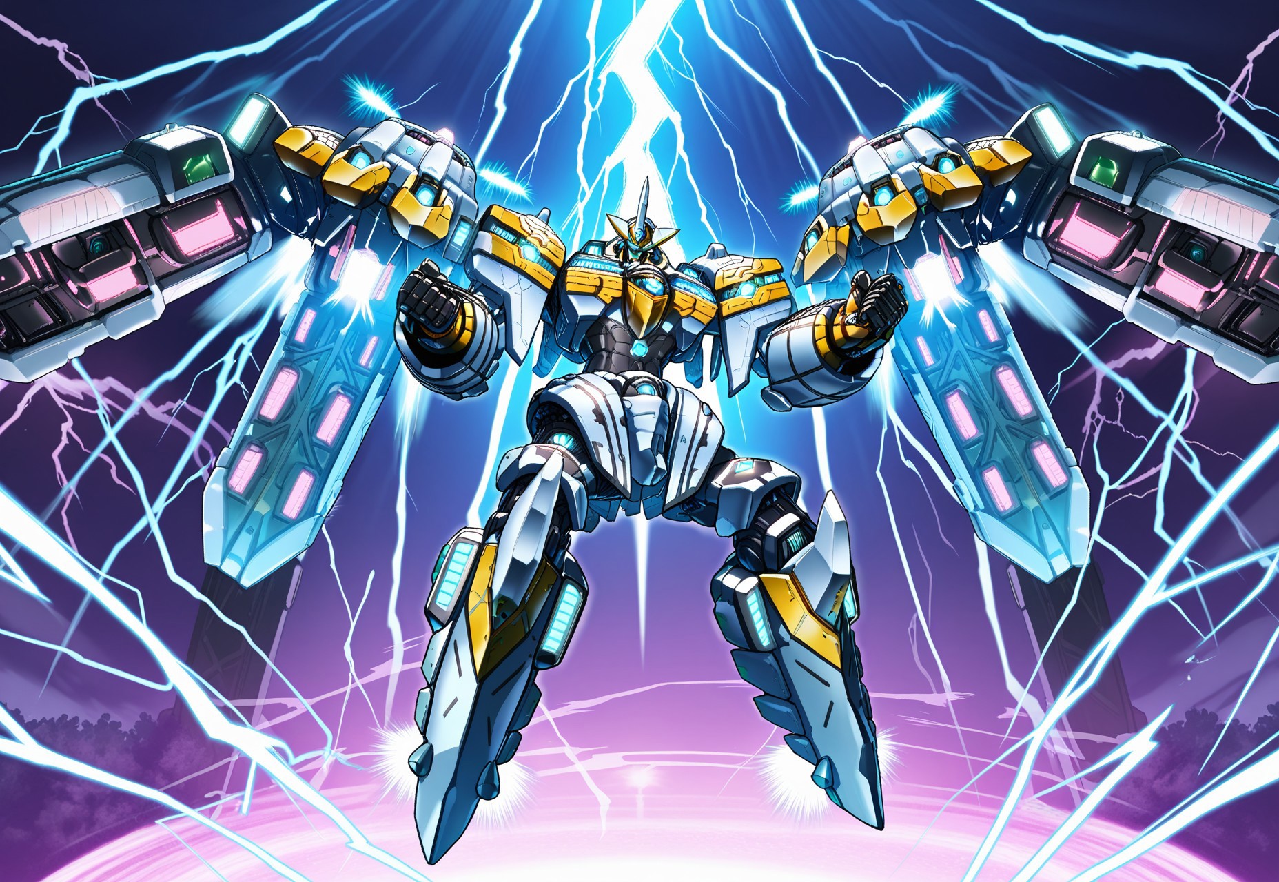 (high quality:1.1), detailed face, AA-ZEUS, solo, weapon, wings, no humans, glowing, robot, mecha, flying, science fiction, electricity, lightning, mechanical wings, neon lights, v-fin, blue eyes, dynamic pose

