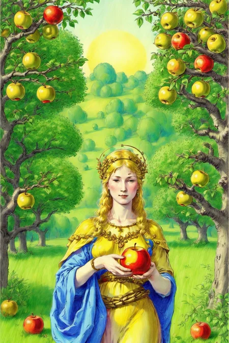 Idun holding her golden apples, which grant the gods eternal youth, in a verdant orchard. colorful, sharp, (simple:1.8), drawing <lora:Drawing SDXL:0.75>