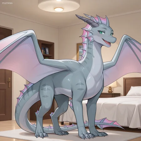 1girl, highres, absurdres, newest, masterpiece, best quality, furry, furry_female, naomi_awsw, dragon, scales, horns, claws, tail, wings, spread wings, sea dragon, pink fins, blue gray scales, green eyes, 1girl, (quadruped, feral:1.3), detailed eyes, standing, open_mouth, open mouth smile, luxurious detailed room, bright room, day scene, professional lighting, white bed, solo, bedroom, smiling, seductive, looking_at_viewer, masterpiece, close up, safe