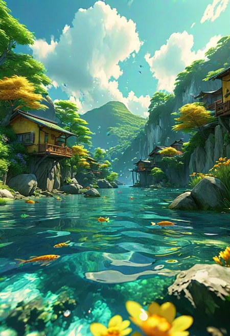 (ultra high res:1.4), (masterpiece), (beautiful lighting:1.4) , lush greenery and mountains, Bright sunlight illuminates the crystal-clear water, (deep underwater), anime, half above water and half below water , (clear underwater), beautiful sky with clouds, fish , depth, small yellow, costal village