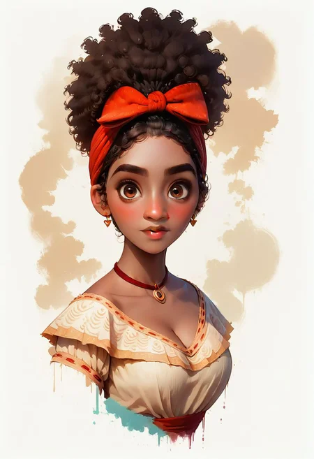 Faded Headshot, faded bottom, faded edges ,score_9,score_8_up,score_7_up,score_6_up,score_5_up,
Dolores Madrigal \(Encanto\), (ultra HD quality details), black skin, ebony girl, (afro, hair bow), upward hairbun, hair bow, brown eyes,
traditional clothes,
, digital illustration, disney, rule 63, full body, perfect anatomy, perfect face, butt showing esthetically, abstract beauty, beautiful, centered, looking at the camera, approaching perfection, dynamic, moonlight, highly detailed, watercolor painting, artstation, concept art, smooth, sharp focus, illustration,
(upper body:1.2), (close up:1.5), portrait, huge breasts, deep cleavage,