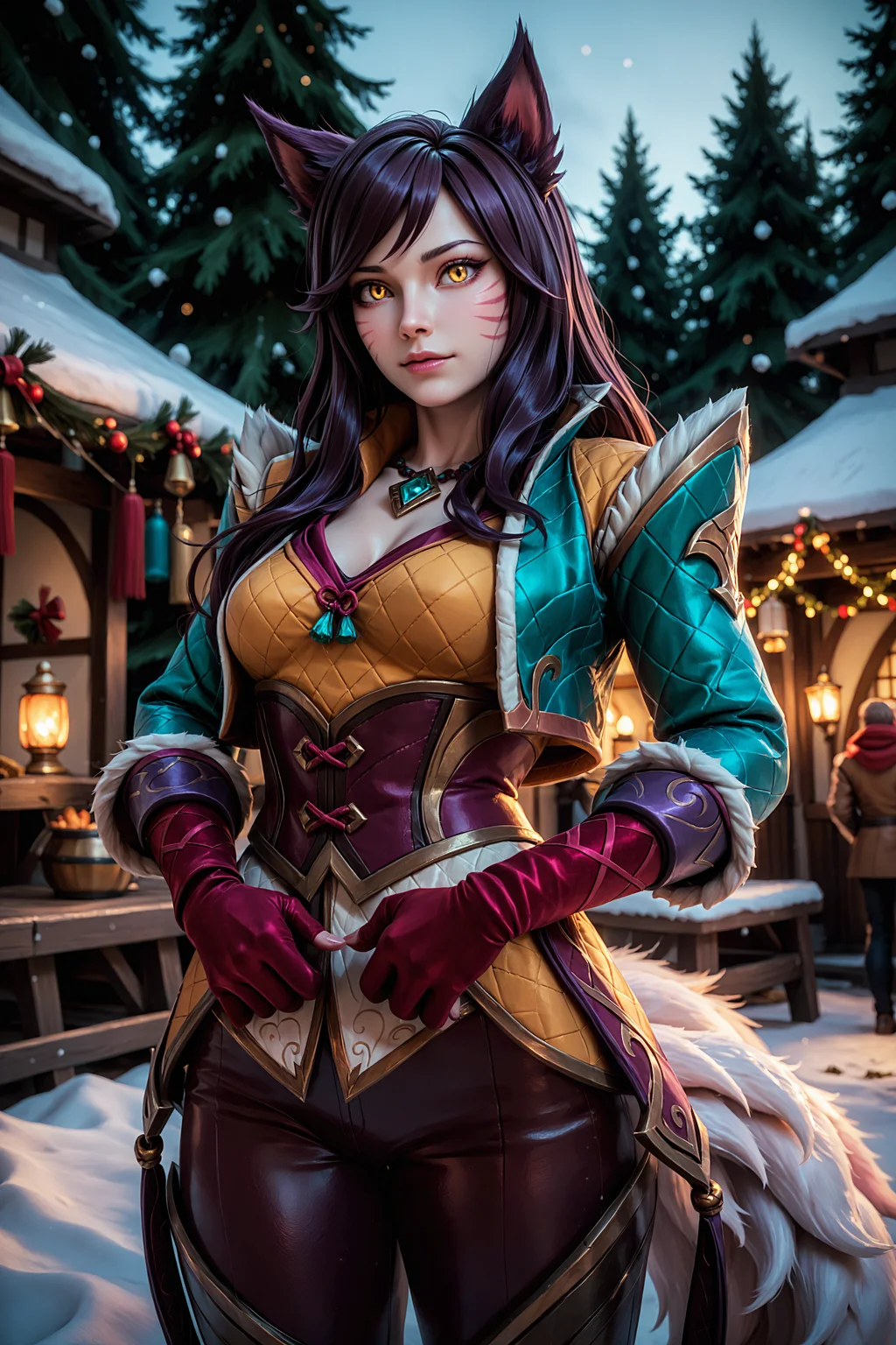 t34l_w1tch, score_9, score_8_up, score_7_up, 1girl, solo, ahri_(league_of_legends), league_of_legends, yellow_eyes, black_hair, cowboy shot, arched back, winter festival, 3d, <lora:tr1s5:1.0>