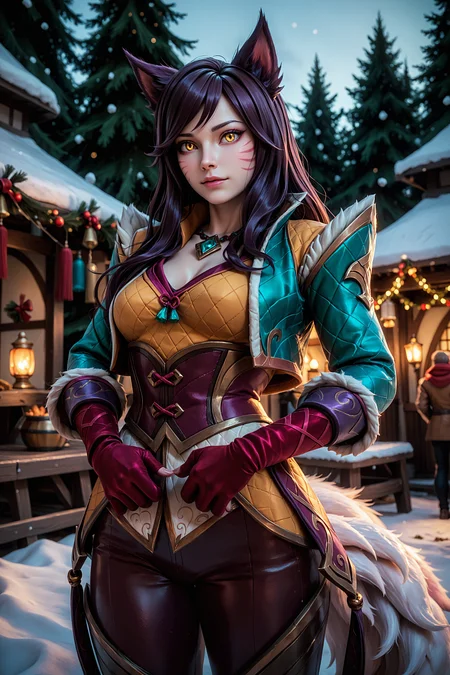 t34l_w1tch, score_9, score_8_up, score_7_up, 1girl, solo, ahri_(league_of_legends), league_of_legends, yellow_eyes, black_hair, cowboy shot, arched back, winter festival, 3d, <lora:tr1s5:1.0>