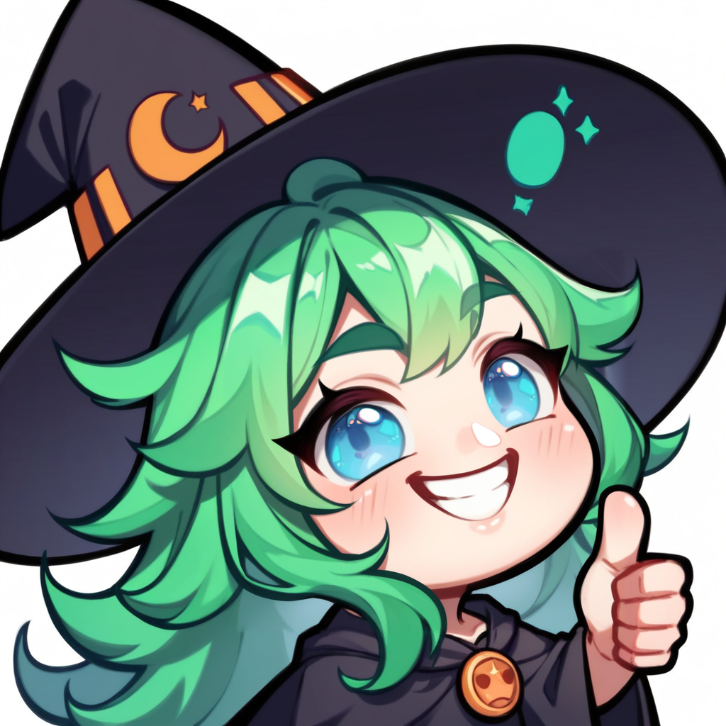 score_9, score_8_up, score_8, Emote , high quality, high res , highly detailed hair , highly detailed face, white background, chibi  , 
long green hair,witch hat,blue eyes,smiling,:D,teeth,thumbs up,side view,1girl,
<lora:merge2:0.83>