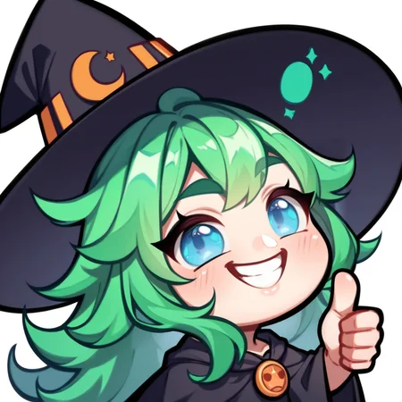 score_9, score_8_up, score_8, Emote , high quality, high res , highly detailed hair , highly detailed face, white background, chibi ,
long green hair,witch hat,blue eyes,smiling,:D,teeth,thumbs up,side view,1girl,
<lora:merge2:0.83>