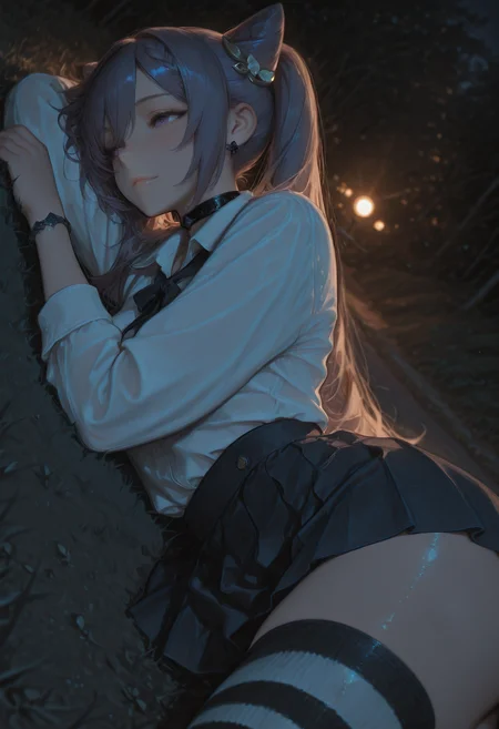 keqing \(genshin impact\), dim lighting, dark, night, seductive, spiked choker, oversize clothes, collared shirt, white shirt, bracelet, skirt, striped thighhighs, pin up pose, park, outdoors, lying on side, portrait, backlighting, sidelighting, scenery,
BREAK
(Smooth Quality:0.8),masterpiece,best quality,amazing quality, absurdres, ultra-HD, 8k, fit body, raytracing, soft lighting, volumetric lighting, ambient occlusion,absolutely eye-catching, highest quality, usnr, (cinematic composition:1.3), depth of field, (adult), (mature female:1.2), very aesthetic, smooth image, (detailed face and eyes), mesmerizing gaze, sharp focus, warm lighting, semi realistic, girl emphasize body relief, shadow,
<lora:illustrious_quality_modifiers_masterpieces_v1:1> <lora:USNR_STYLE_ILL_V1_lokr3:0.4> <lora:MGE_V5.2_IL:0.8> <lora:MoriiMee_Gothic_Niji_Style_Illustrious_r1:0.6> <lora:aosiai123_style:0.6>